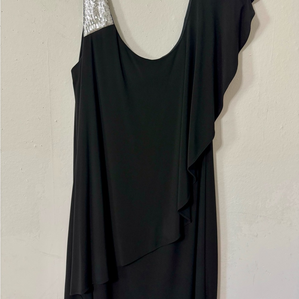 dressbarn Elegant Black Asymmetrical Dress with Silver Detail